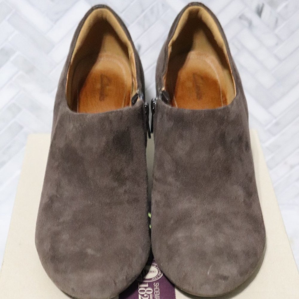 Gray suede wedge booties